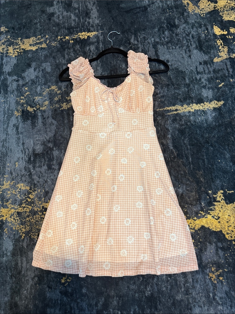 No Boundaries Peach Gingham Floral Ruffle Mini Dress